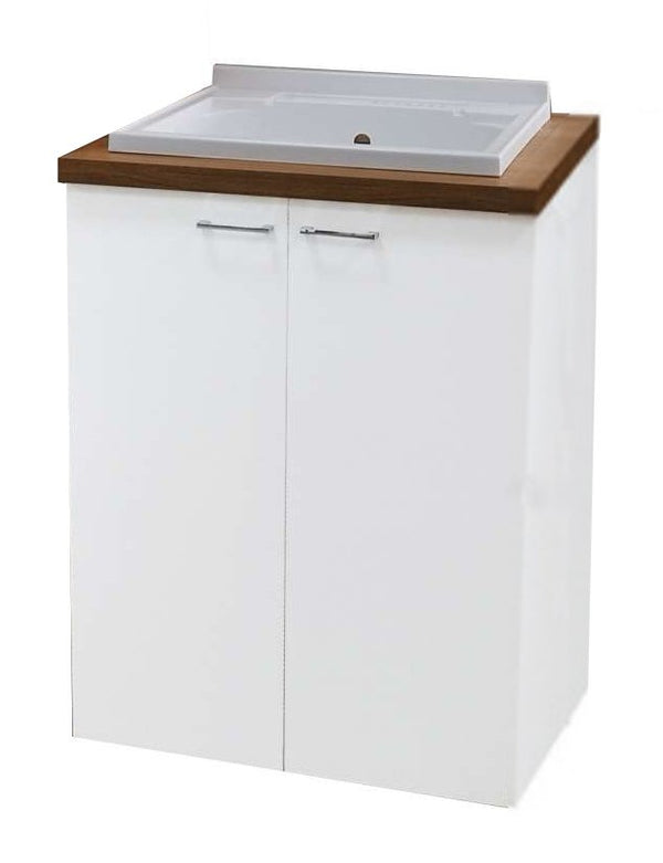 Mobile lavatoio 71x65 due ante vasca in metacrilato fondo in alluminio H 91 maniglie cromate noce bianco lucido