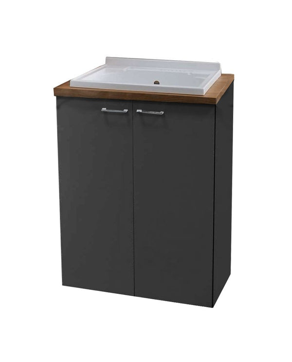 Mobile lavatoio 71x65 due ante vasca in metacrilato fondo in alluminio maniglie cromo H 91 noce grigio opaco