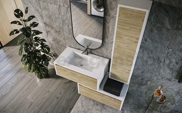 Mobile bagno 80x47 Siena Quercia bianco lucido con colonna push&pull e lavabo