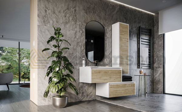 Mobile bagno 80x47 Siena Quercia bianco lucido con colonna push&pull e lavabo
