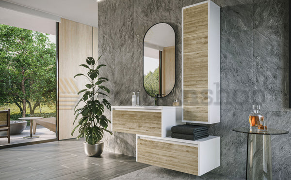 Mobile bagno 80x47 Siena Quercia bianco lucido con colonna push&pull e lavabo
