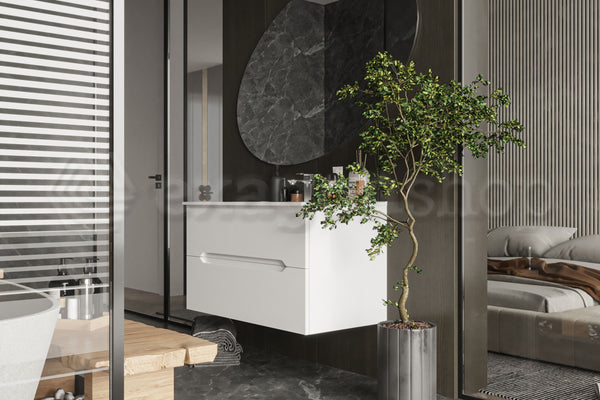Mobile bagno bianco lucido 90x46 Urbino con lavabo in ceramica due cassetti