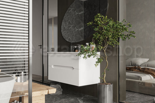 Mobile bagno bianco lucido 90x46 Urbino con lavabo in, dettaglio ravvicinato della finitura e del cassetto - Exagonshop