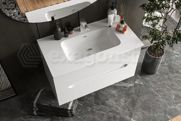 Mobile bagno bianco lucido 90x46 Urbino con lavabo in ceramica due cassetti