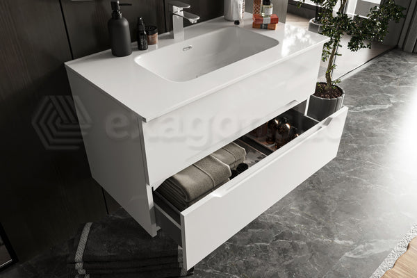Mobile bagno bianco lucido 90x46 Urbino con lavabo in ceramica due cassetti
