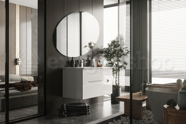 Mobile bagno bianco lucido 90x46 Urbino con lavabo in ceramica due cassetti