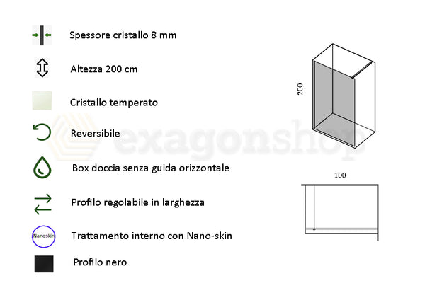 Walk in parete doccia fissa 120 cm vetro trasparente 8 mm H 200 cm nero opaco