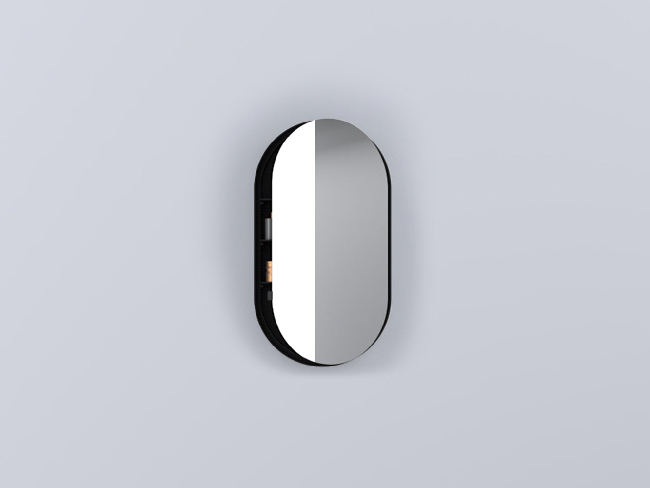 Cielo I Catini specchio contenitore 50x90 ovale con mensole in vetro e struttura in legno nero matt