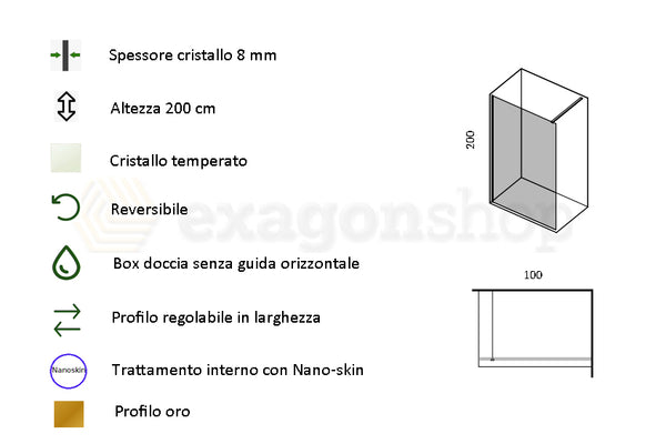 Walk in parete doccia fissa 100 cm vetro trasparente 8 mm H 200 cm oro