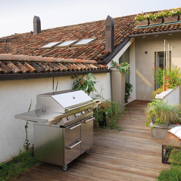 Palazzetti Alain barbecue a gas portatile tre griglie e piastra in ghisa con coperchio in acciaio