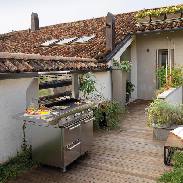Palazzetti Alain barbecue a gas portatile tre griglie e piastra in ghisa con coperchio in acciaio
