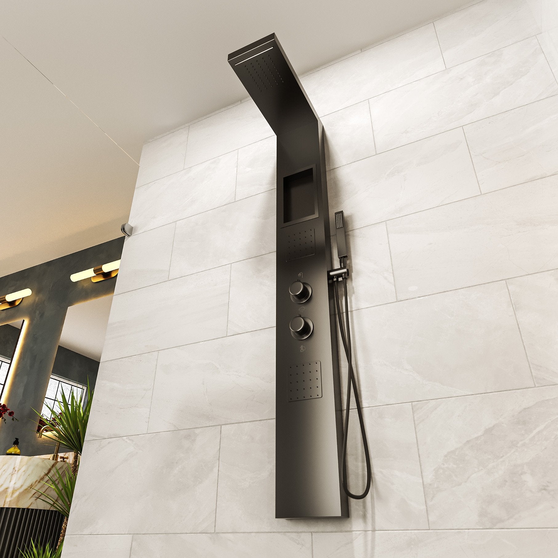 Pannello doccia idromassaggio Ibiza quadro termostatico effetto cascata in alluminio nero