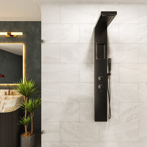 Pannello doccia idromassaggio Ibiza quadro termostatico effetto cascata in alluminio nero