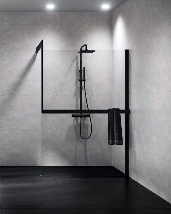 Novellini Kuandra H Parete doccia 117 a 120 cm H 200 nero in bagno completo, vista d'insieme dell'ambiente