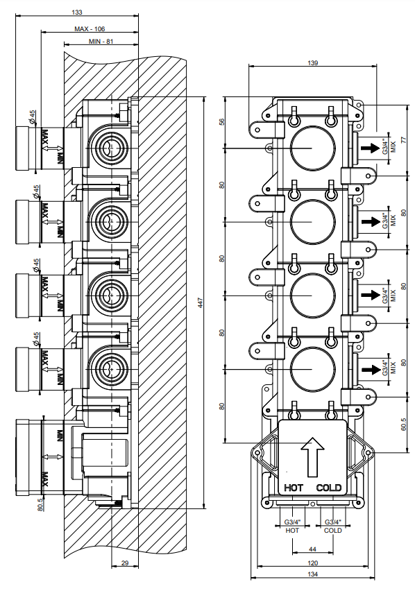 Gessi 43107 Parte Incasso Miscelatore Termostatico Alta Portata 4 Uscite