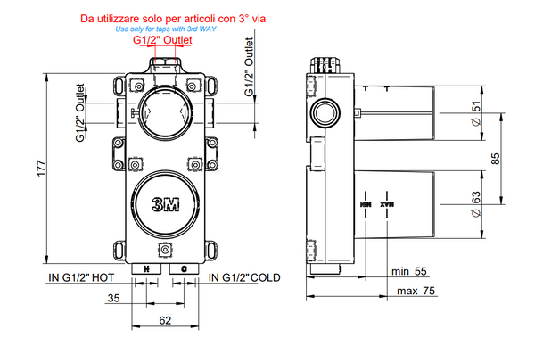 Treemme Parte incasso miscelatore meccanico 2 e 3 vie con deviatore in ottone RWIT22A2ZZ01