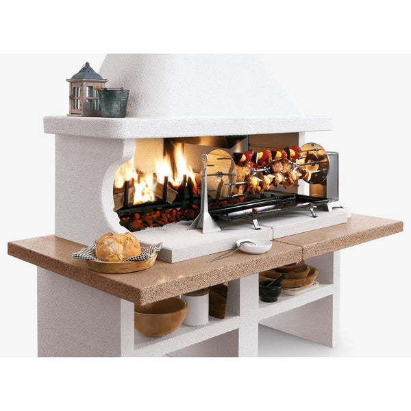 Palazzetti Patmos barbecue a legna con due aree grill e piano in marmotech effetto granito rosso