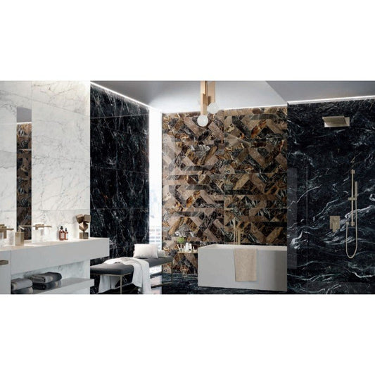 Pavimento rivestimento 60x60 effetto marmo rettificato 7 mm in gres fine porcellanato dark wave levigato Rhapsody 0117463 Naxos