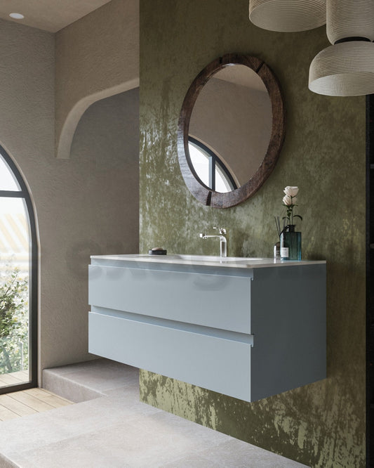 Mobile bagno avion 120x45 Pesaro lavabo in mineralmarmo Avio Laccato Opaco, vista dall'alto del piano con lavabo - Exagonshop