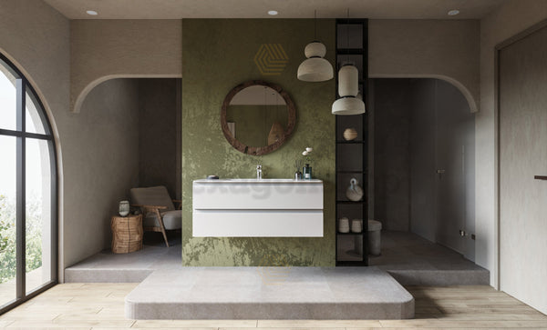 Mobile bagno 120x45 bianco opaco Pesaro due cassetti lavabo in mineralmarmo
