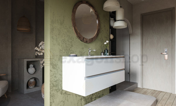 Mobile bagno 120x45 bianco opaco Pesaro due cassetti lavabo in mineralmarmo