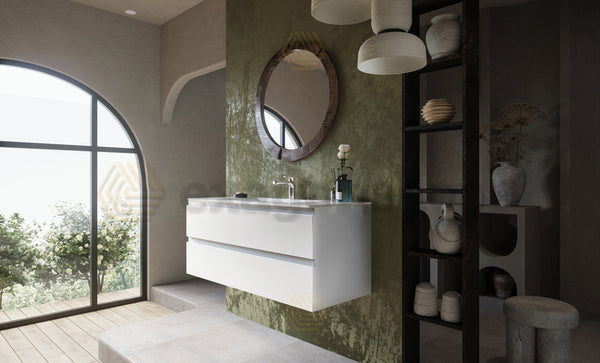 Mobile bagno 120x45 bianco opaco Pesaro due cassetti lavabo in mineralmarmo