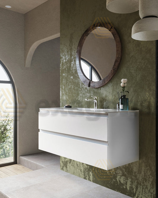 Mobile bagno 120x45 bianco opaco Pesaro lavabo in, dettaglio ravvicinato della finitura e del cassetto - Exagonshop