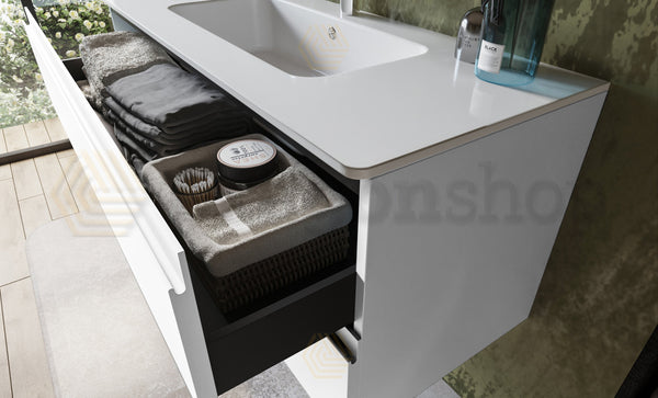 Mobile bagno 120x45 bianco opaco Pesaro due cassetti lavabo in mineralmarmo