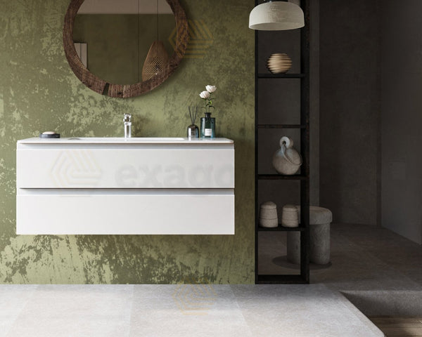 Mobile bagno 120x45 bianco opaco Pesaro due cassetti lavabo in mineralmarmo