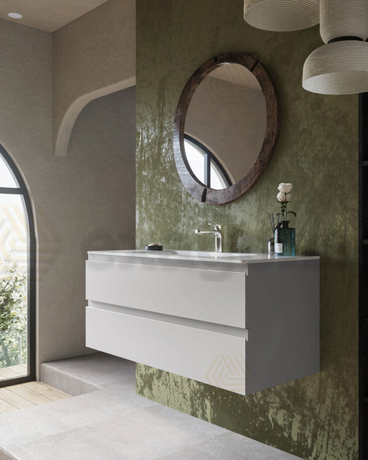 Mobile bagno grigio caldo 120x45 Pesaro lavabo in, vista dall'alto del piano con lavabo - Exagonshop