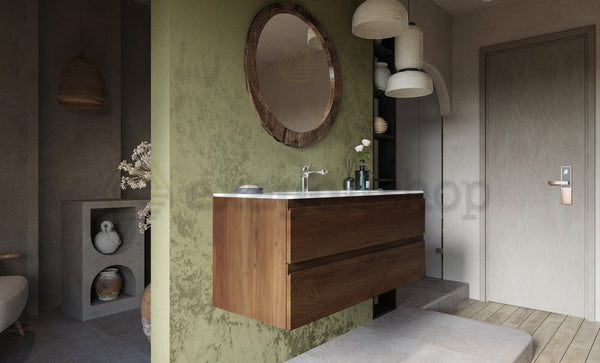 Mobile bagno noce chiaro 120x45 Pesaro con lavabo in mineralmarmo