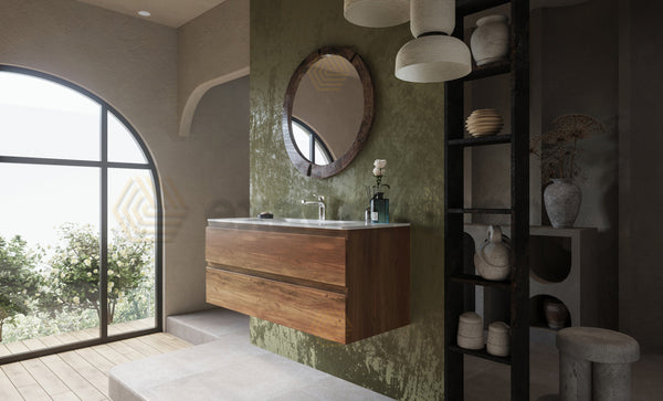 Mobile bagno noce chiaro 120x45 Pesaro con lavabo in mineralmarmo