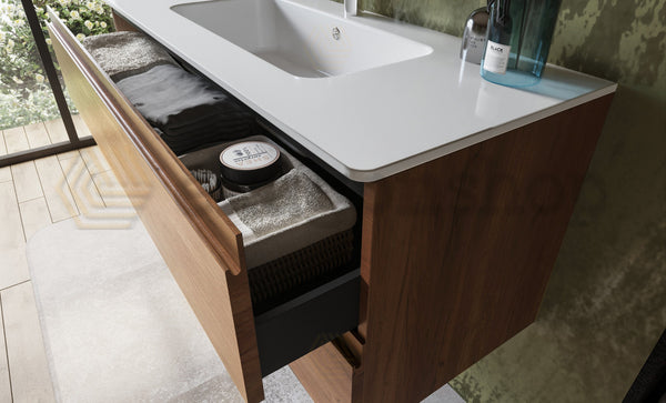 Mobile bagno noce chiaro 120x45 Pesaro con lavabo in mineralmarmo