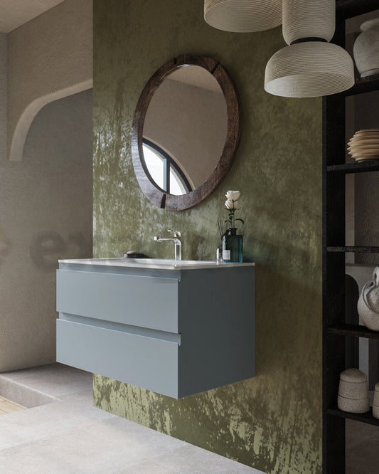Mobile bagno avion 90x45 Pesaro lavabo in ceramica lucido Avio Laccato Opaco, vista dall'alto del piano con lavabo...