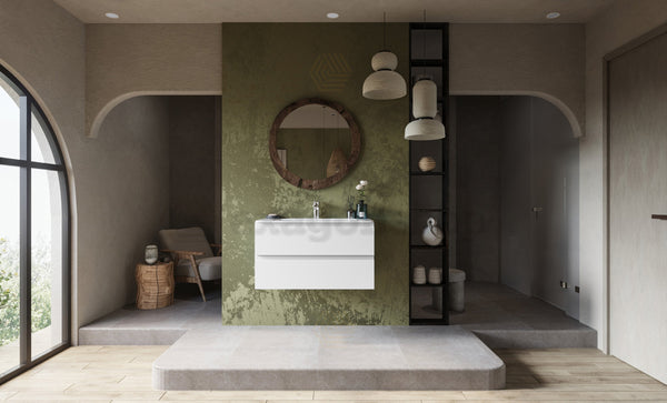 Mobile bagno 90x45 bianco opaco Pesaro due cassetti lavabo in ceramica