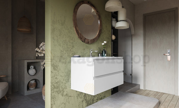 Mobile bagno 90x45 bianco opaco Pesaro due cassetti lavabo in ceramica