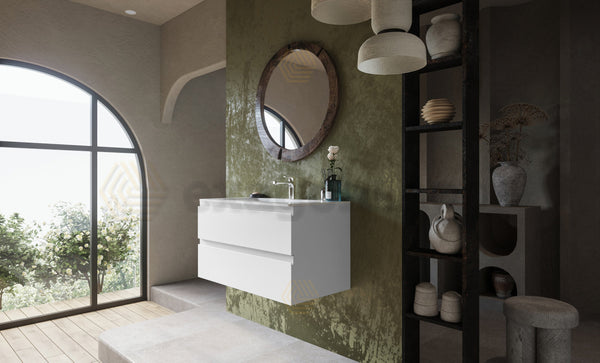Mobile bagno 90x45 bianco opaco Pesaro due cassetti lavabo in ceramica