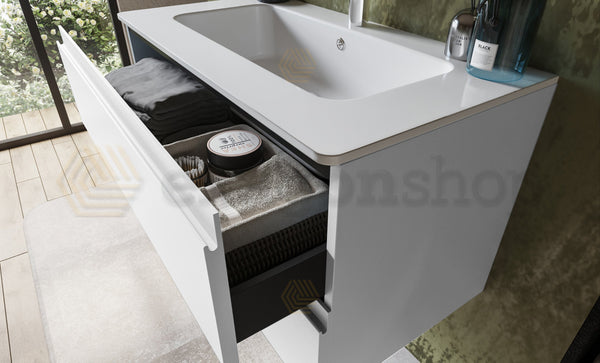 Mobile bagno 90x45 bianco opaco Pesaro due cassetti lavabo in ceramica