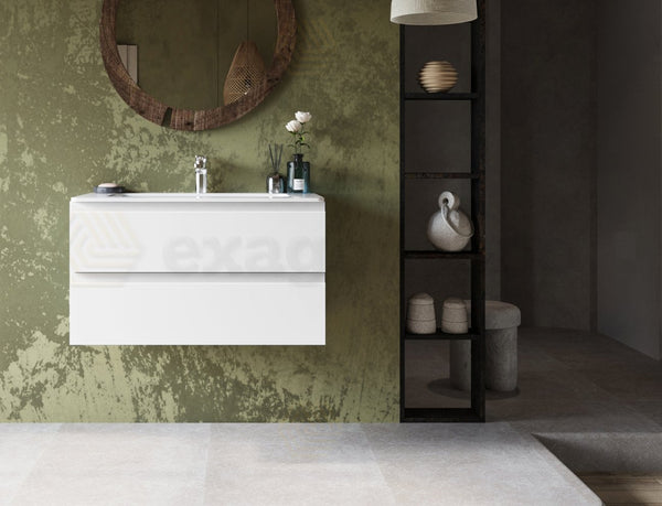 Mobile bagno 90x45 bianco opaco Pesaro due cassetti lavabo in ceramica