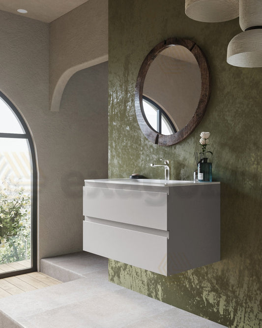Mobile bagno grigio caldo 90x45 Pesaro lavabo in ceramica, vista dall'alto del piano con lavabo - Exagonshop