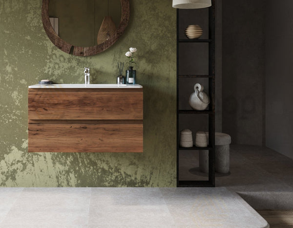 Mobile bagno noce chiaro 90x45 Pesaro due cassetti con lavabo in ceramica