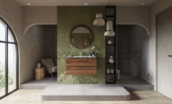 Mobile bagno noce chiaro 90x45 Pesaro due cassetti con lavabo in ceramica