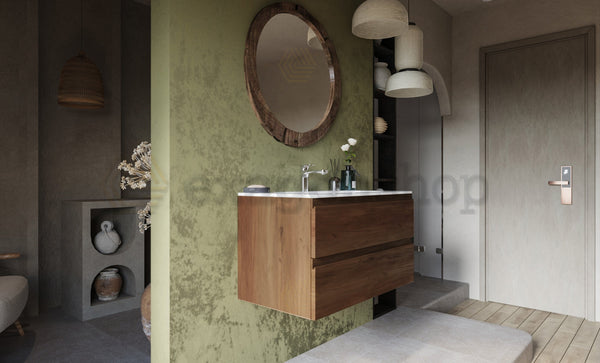 Mobile bagno noce chiaro 90x45 Pesaro due cassetti con lavabo in ceramica