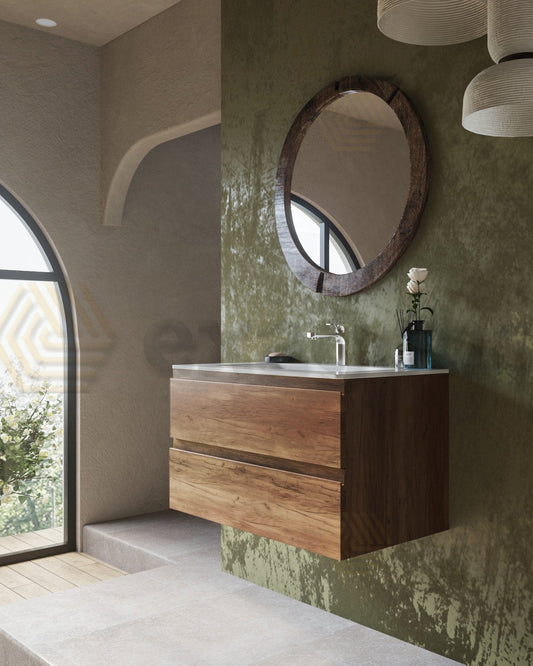 Mobile bagno noce chiaro 90x45 Pesaro lavabo in ceramica Noce Soft, vista dall'alto del piano con lavabo - Exagonshop