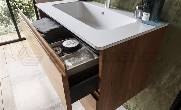 Mobile bagno noce chiaro 90x45 Pesaro due cassetti con lavabo in ceramica