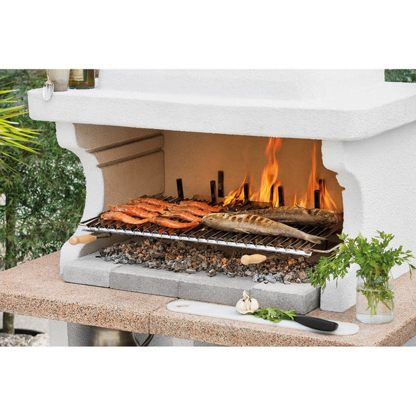 Palazzetti Pianosa barbecue a legna grezzo area grill extralarge griglia in acciaio piano in Marmotech effetto granito rosso