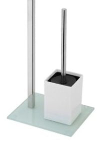 Piantana porta rotolo e portascopino cromo con base in vetro Bianco, vista laterale del profilo a muro - Exagonshop