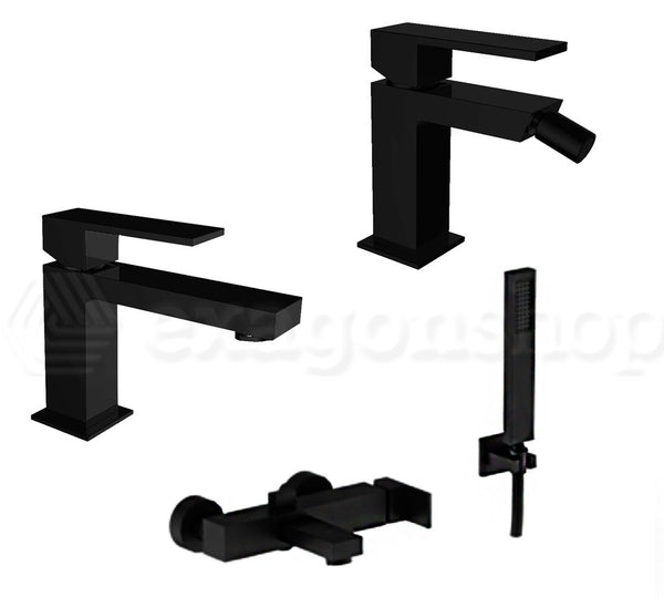 Teorema Pillar Set Miscelatori Monocomando Lavabo Bidet click clack E Vasca con doccetta Nero Opaco