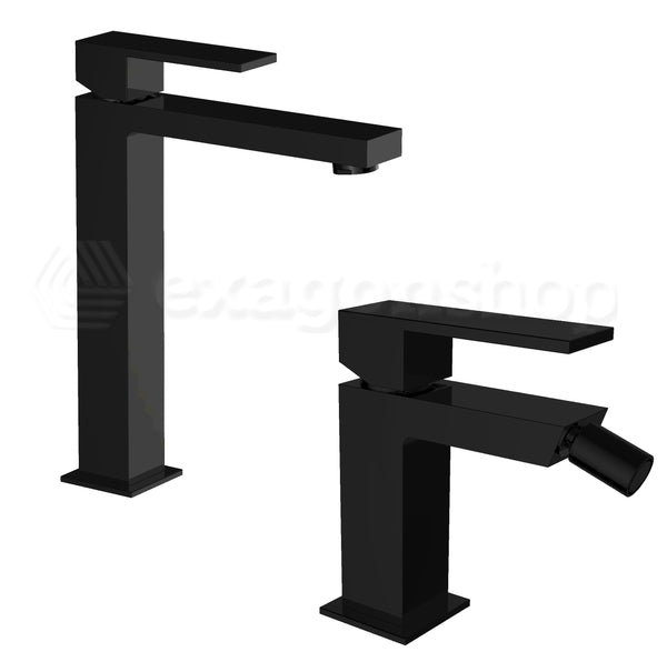 Teorema Pillar Coppia Miscelatori Lavabo Alto e Bidet scarico click clack Nero Opaco