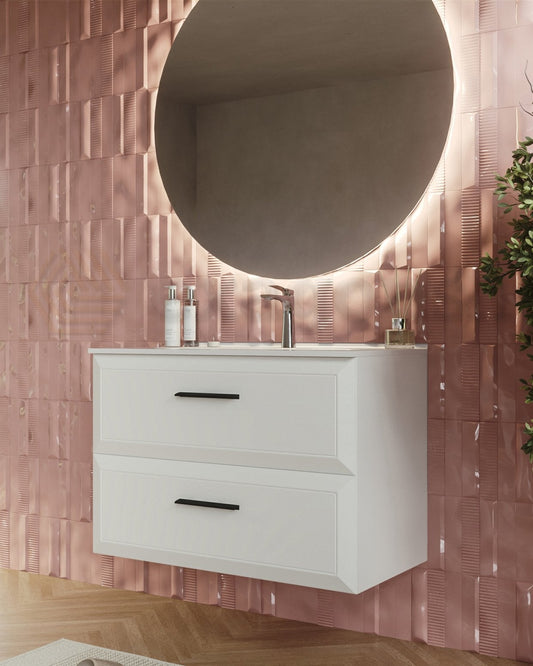 Mobile bagno bianco opaco 100x45 Praga lavabo in ceramica ambientato in bagno moderno con specchio e accessori - Exagonshop